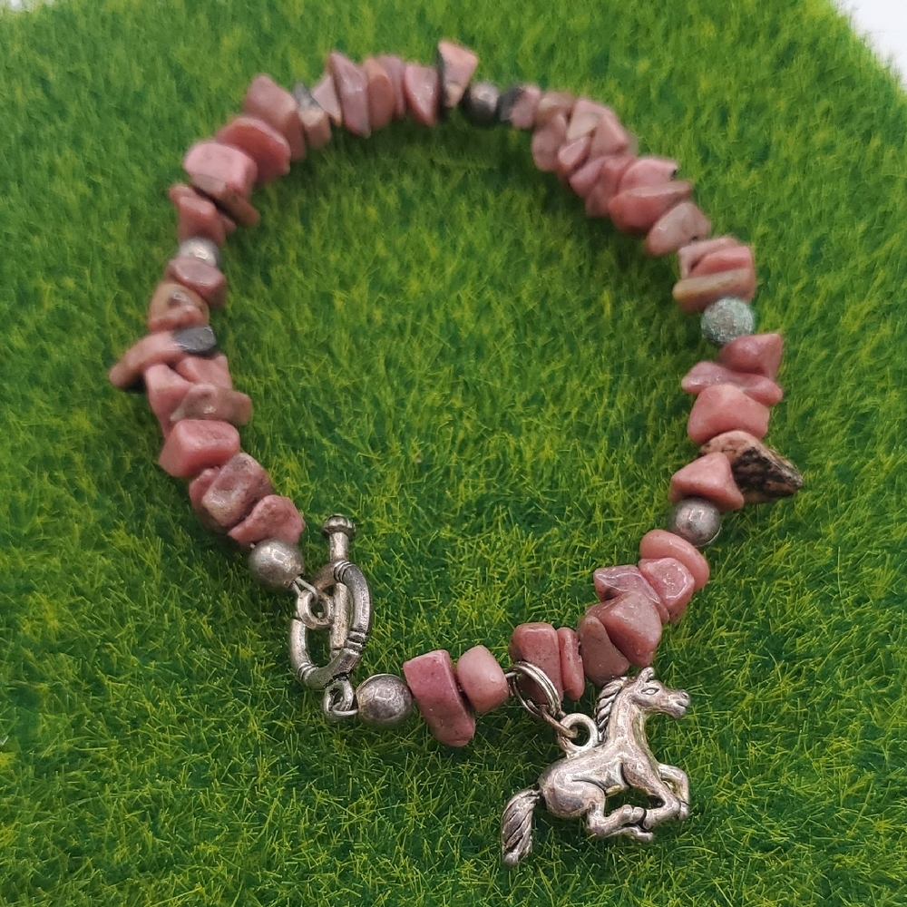 Pink Stone Bracelet with Silver Horse Charm B3407